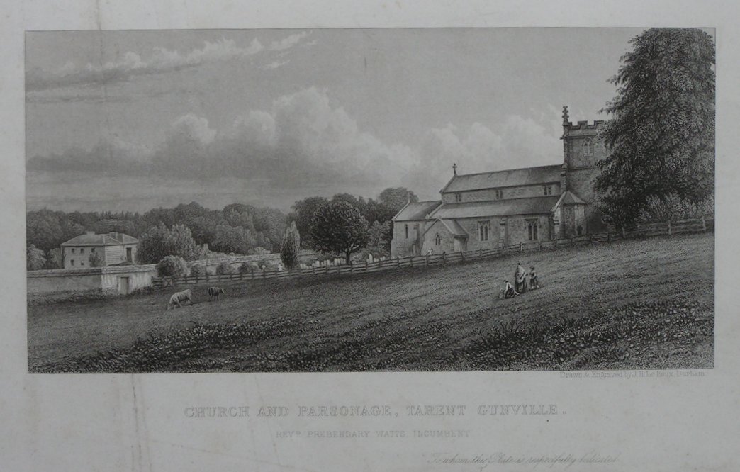 Print - Church and Parsonage, Tarent Gunville. Revd Prebendary Watts Incumbent - Le